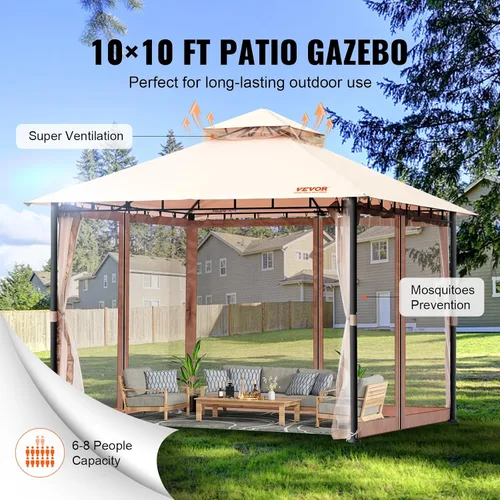 Vista 7 de VEVOR Gazebo de patio para 6-8 personas, gazebo de patio trasero de 10 x 10 pies, con mosquitera, marco de metal y poliéster de 180G recubierto