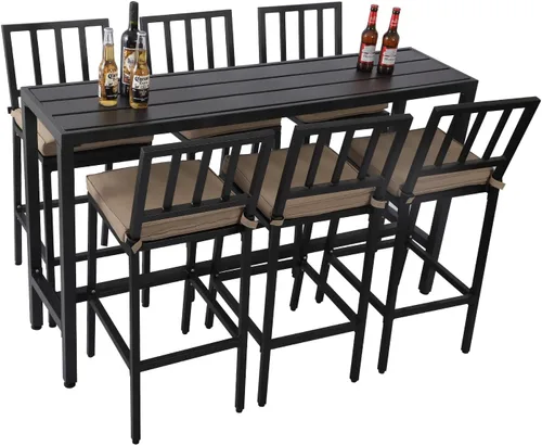 Vista 9 de Sillas y mesa de bar para exteriores, juego de bar de metal para patio, 3 piezas con taburetes y cojines, patio trasero, porche, bistró, balcón Negro