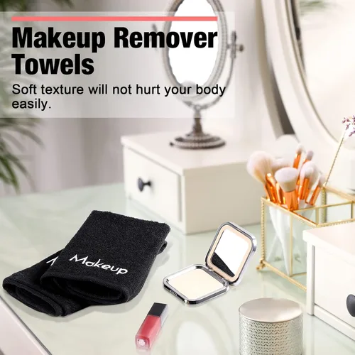 Vista 4 de Chumia 72 paños removedores de maquillaje de 13 x 13 pulgadas, toallas de maquillaje con bordado negro, reutilizables, toallas faciales suaves