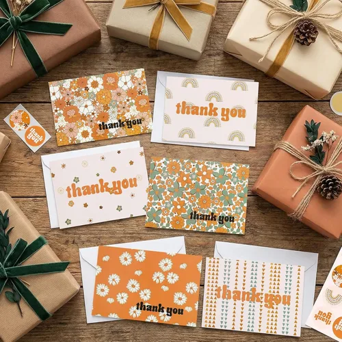Vista 7 de AnyDesign Paquete de 36 tarjetas de agradecimiento de arco iris boho con calcomanías de sello a juego, sobres de tarjetas de felicitación hippie