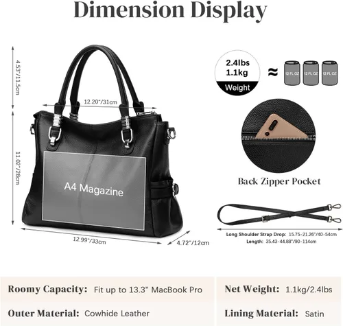 Vista 3 de S-ZONE bandolera con manija de cuero auténtico clásica para mujer, cartera para mujer