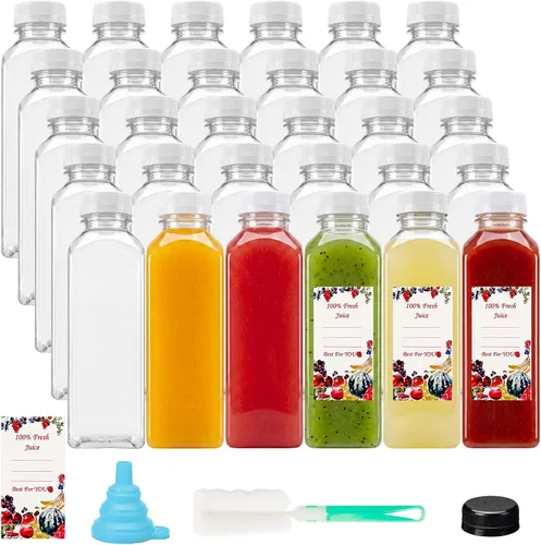 Vista 12 de SUPERLELE - 10 botellas de plástico para jugo de 12 onzas con tapas azules y negras