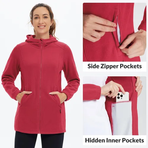 Vista 4 de BALEAF Chaqueta larga de forro polar con capucha y cremallera completa para mujer, abrigo de invierno suave y ligero