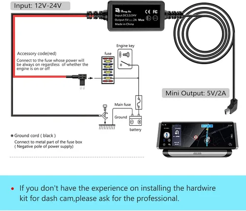 Vista 4 de Kit de cable duro para cámara de salpicadero, mini USB Bangjia de 12 V-24 V a 5 V/2 A, cable de alimentación para cargador de cámara de tablero