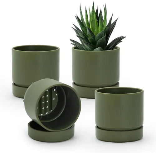 Vista 42 de Phoenix Vine 4 Inch Planter Pot with Drainage Hole & Saucer, Deep Water Catch Tray, Straight Cylindrical Round Pot for Plants, Olive, Pack of 1
