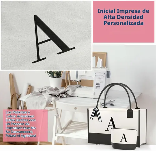 Vista 5 de Monogrammed Canvas Tote Bag with Zipper Pockets - Ideal Gift for Mom, Teacher, Sister