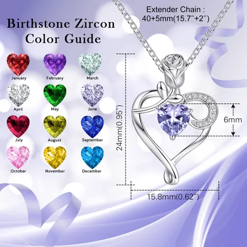 Vista 2 de Collar de corazón con piedra natal para mujer, plata de ley 925, collar con colgante de flor de rosa, collar para madre e hija para mamá, mujer