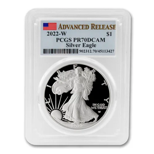 Vista 2 de 2022 W 1 oz Moneda de Plata American Silver Eagle PR-70 Deep Cameo (Lanzamiento Avanzado - Etiqueta de Bandera) con Certificado de Autenticidad