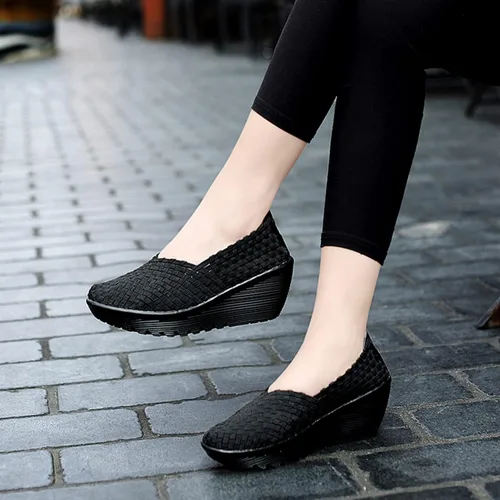 Vista 5 de Touchmosees - Sandalias de cuña con plataforma para mujer, con tejido y estilo Mary Jane, bombas cómodas para caminar