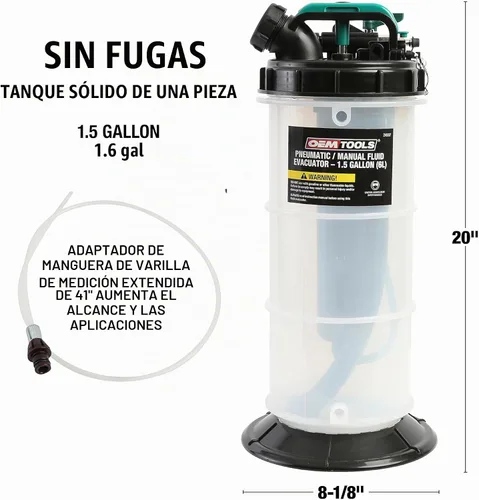 Vista 5 de OEMTOOLS 24937 Extractor de fluido neumático/manual, bomba extractora de aceite de 1.5 galones (6 litros), para refrigerante, transmisión y fluido