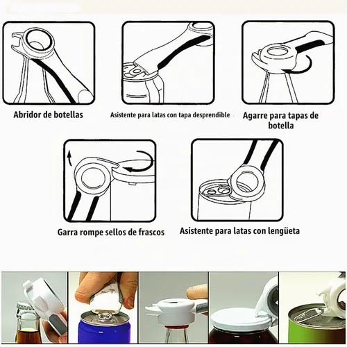 Vista 2 de Abrebotellas con tapas 5 en 1, abrebotellas, ideal para mujeres, niños, personas mayores, herramienta de cocina multiusos, fácil de abrir. Blanco