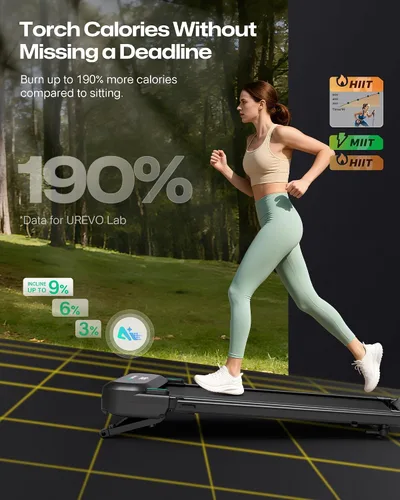 Vista 7 de UREVO Auto Incline Walking Pad with AI App, Adjustable Handlebar & Multifunctional Desk, 9% Power Incline Brushless Quiet Motorized Treadmill for