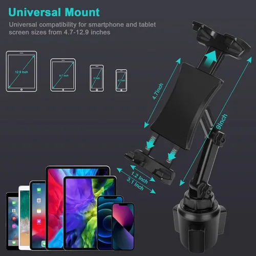 Vista 4 de Cup Holder Car Tablet Mount, Universal 360° Rotation Adjustable Long Arm Holder Stand for iPad Pro 12.9/11/10.5/9.7/Air/Mini 6/5/4, Galaxy Tab/Z
