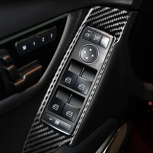 Vista 4 de Fibra de carbono, para accesorios de Mercedes Benz, calcomanía para panel de interruptor de elevador de ventana de puerta de automóvil para Mercedes