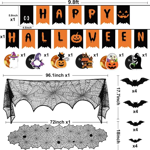 Vista 2 de Juego de decoraciones de Halloween para interiores – Decoración festiva de Halloween, pancarta colgante de remolinos y telaraña, camino de mesa