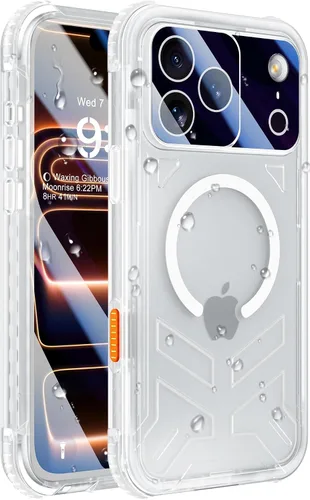 Vista 45 de Funda impermeable para iPhone 15 con Magsafe, protector de pantalla, cordón, IP68 militar de cuerpo completo a prueba de golpes, para deportes Negro