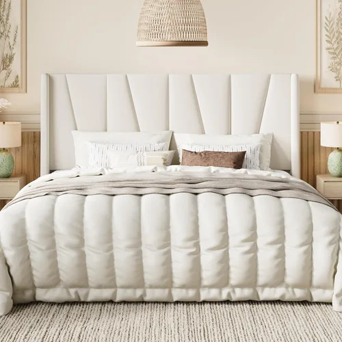 Vista 13 de SHA CERLIN Base de cama tamaño Queen con cabecera geométrica con respaldo de ala, plataforma tapizada con soporte de listones de madera, espacio Gris