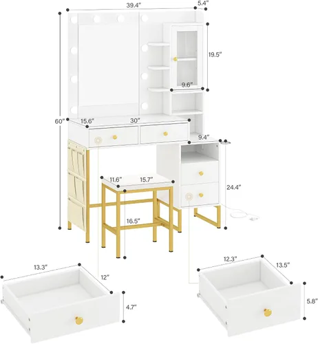 Vista 3 de YIKEHOME Escritorio de tocador de maquillaje con luces de espejo Juego de mesa de tocador con luces LED, con cajones grandes, estación de carga