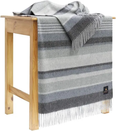 Vista 5 de Manta de lana merino de alpaca cálida y suave, diseño a rayas multicolor Perú (gris/azul acero/verde claro)