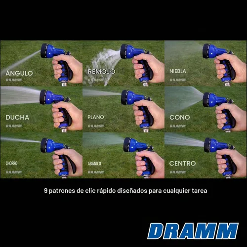 Vista 3 de Dramm® Revolver Boquilla de manguera de jardín resistente de 9 patrones, pistola rociadora de metal ajustable con flujo de control de pulgar