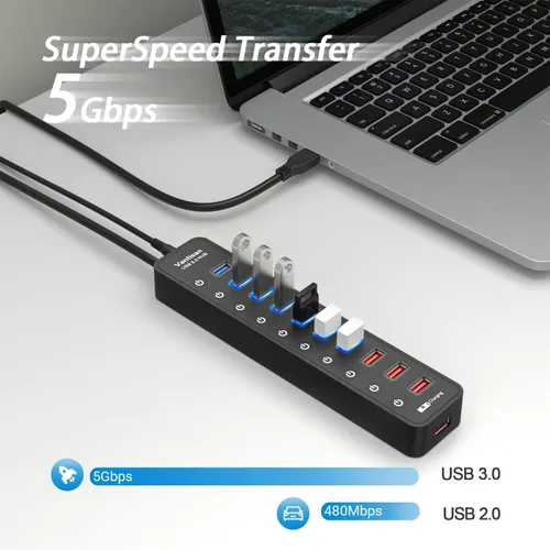 Vista 2 de vantisan Concentrador USB 3.0 alimentado, extensión divisor de concentrador USB de 11 puertos, 7 puertos de datos USB 3.0 + 4 puertos de carga