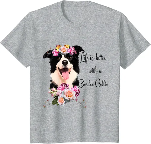 Vista 56 de Life is Better With a Border Collie - Camiseta de perro lindo con flores, gris, S Gris Oscuro