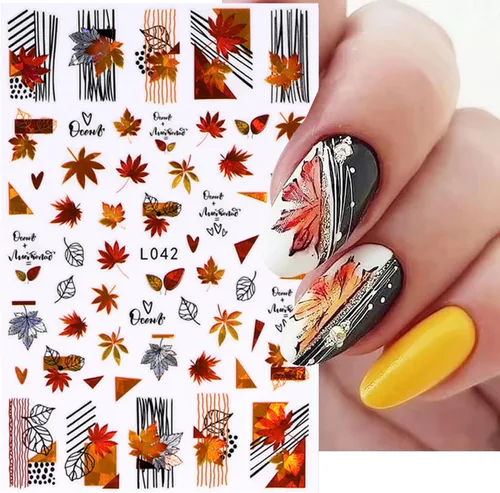 Vista 3 de Calcomanías de arte de uñas de hoja de arce de otoño, hojas de otoño 3D, diseño de calabaza y hongos para uñas, decoración de calcomanías