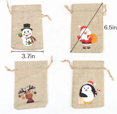 Vista 2 de CCINEE 36 pzas bolsas de lino navideñas con cordones, bolsas de regalo de arpillera navideña con cordones dobles de yute, 4 diseños: muñeco de 36