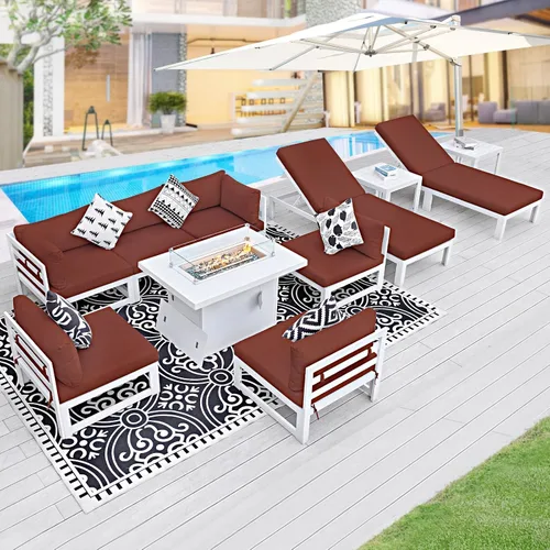 Vista 51 de BULEXYARD - Sofá modular de aluminio para exteriores con mesa para fogata, 7 piezas, color verde azulado