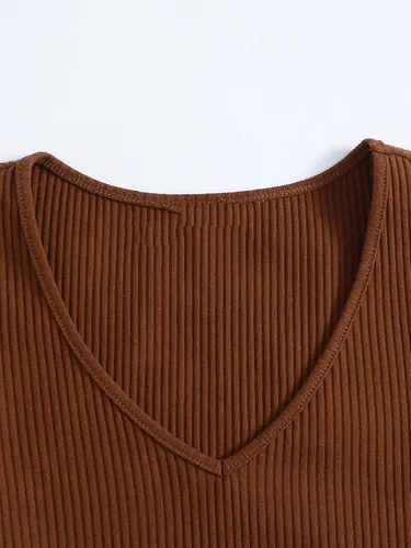 Vista 3 de Floerns Camiseta básica de punto acanalado de manga corta con cuello en V para mujer