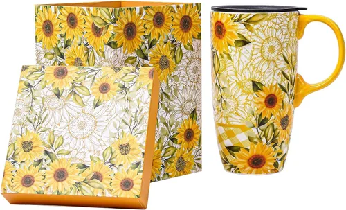Vista 12 de Taza de café de cerámica de 17 onzas con tapa y asa, taza de viaje floral púrpura, apta para microondas y lavavajillas, taza de café grande con caja