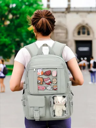 Vista 2 de Mochila Kawaii PRLINJSK para Niñas Adolescentes, Linda Mochila Estética para Escuela Secundaria Superior y Universidad con Accesorios, Verde claro