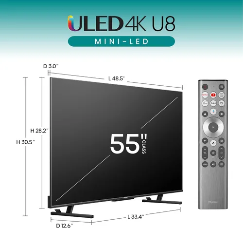 Vista 2 de Hisense Smart TV Class Serie U8 Mini-LED ULED 4K UHD, Google, de 55" (55U8N, 2024), QLED, Dolby Vision IQ, Dolby Atmos, Full Array Local Dimming