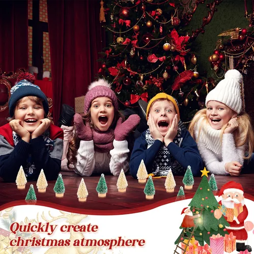 Vista 4 de Crowye 100 piezas de mini árbol de Navidad artificial, árboles de sisal con base de madera para mesa, árboles de botella para decoración de mesa