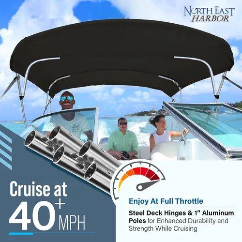 Vista 4 de Bimini Tops de 4 lazos para barcos, a prueba de decoloración, postes de soporte, botas de almacenamiento, lona marina 900D, toldo para barco