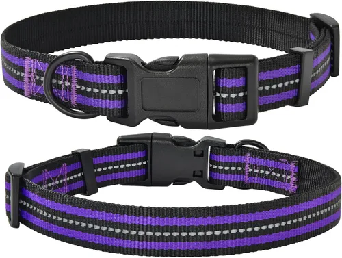 Vista 27 de Mile High Life - Collar para perro con rayas reflectantes 3M y correa de nailon, rojo, azul, verde, morado y rosa