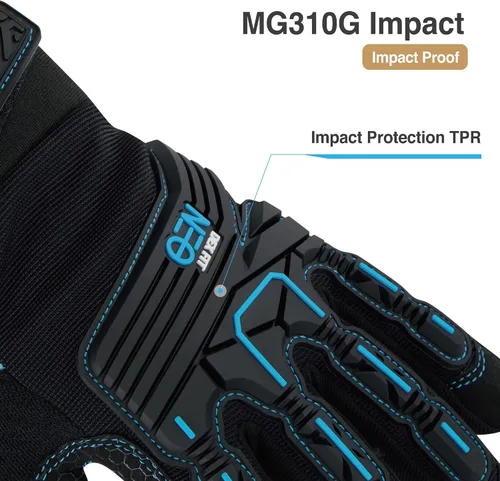 Vista 4 de DEX FIT Guantes de trabajo MG310G Impact, duraderos, agarre resistente, antivibración, amortiguadores, ajuste cómodo, compatibles con pantallas Negro