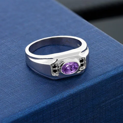 Vista 3 de Gem Stone King Anillo de plata de ley 925 para hombre con amatista morada y diamantes negros