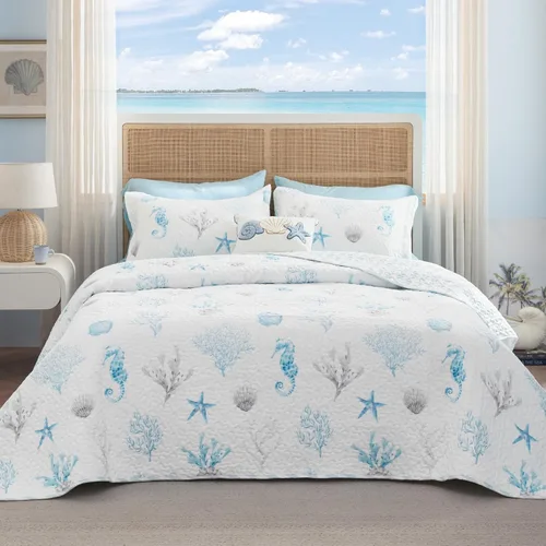 Vista 4 de Bedsure Colcha costera tamaño Queen – Ropa de cama reversible de verano y playa, colcha ligera de microfibra, colcha azul y blanca para todas