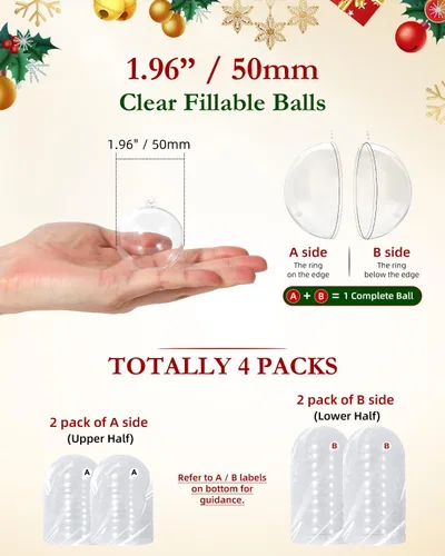 Vista 2 de 20 Pack Clear Plastic Fillable Christmas Ornaments Balls, 50mm