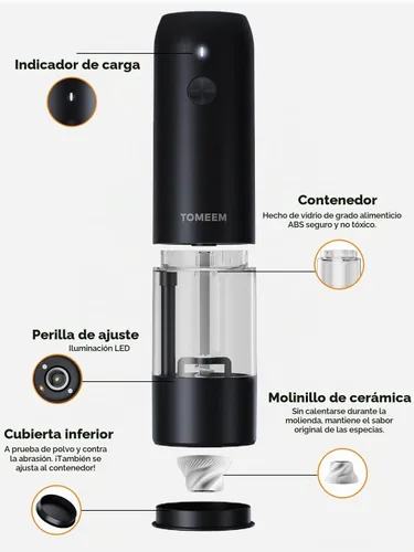 Vista 8 de Juego de molinillo de sal y pimienta eléctrico de TOMEEM con luces LED – Molinillo automático recargable de sal y pimienta con 6 ajustes de grosor