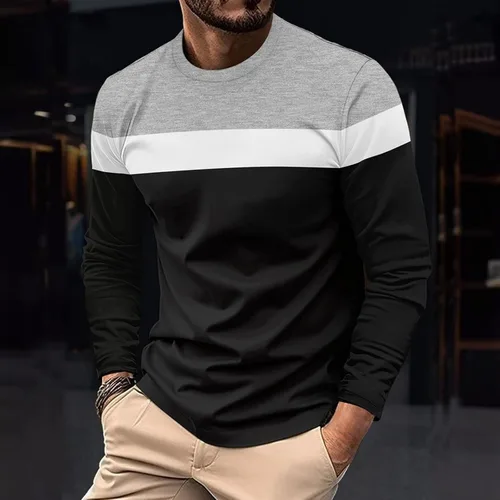 Vista 2 de Camiseta de manga larga para hombre, clásica, casual, cuello redondo, bloque de color, ajuste relajado