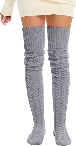 Vista 3 de SherryDC Calcetines hasta el muslo de punto trenzado para mujer, calentadores de piernas, extra largos por encima de la rodilla, medias altas