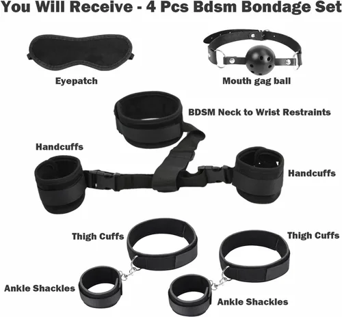 Vista 5 de Juego de 5 piezas de juguetes sexuales BDSM, correas de sujeción para la cama, puños sexuales con los ojos vendados, esposas sexis para adultos