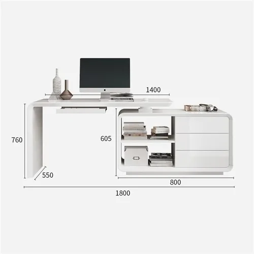 Vista 3 de SUNESA Escritorio de computadora, mesa de estudio, moderno, elegante, multifuncional, para PC, mesa de esquina blanca con estantes y cajones