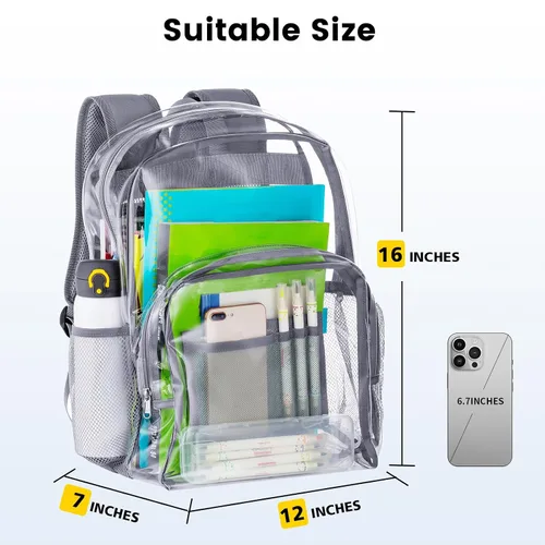 Vista 2 de Vorspack Mochila transparente resistente - Mochila transparente de PVC grande para libros para trabajo universitario, Gris, Transparente