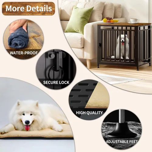 Vista 5 de Mueble de jaula para perros pequeños, perrera para interiores, antimasticación, antiescape, con almohadilla de cama, mesa auxiliar de madera, jaula