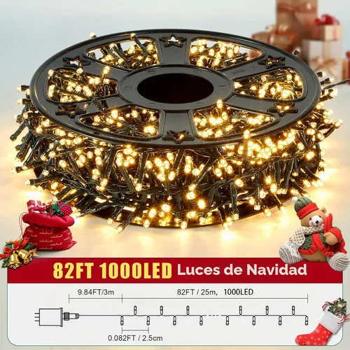 Vista 2 de Hishine Luces de Navidad de 82 pies, 1000 luces LED, cadena de luces para interiores y exteriores, 8 modos, impermeable, enchufable, luz de árbol
