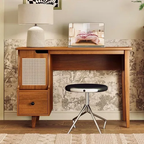 Vista 8 de Escritorio de maquillaje de madera negra que ahorra espacio, mesa moderna para computadora con cajones y asas doradas