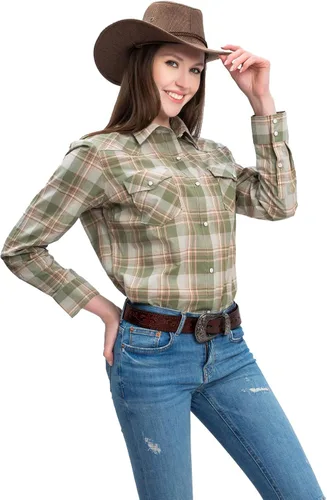 Vista 28 de PASHARTUK Camisas occidentales para mujer, camisas de manga larga de algodón para mujer con botones a presión, camisas a cuadros para mujer Beige